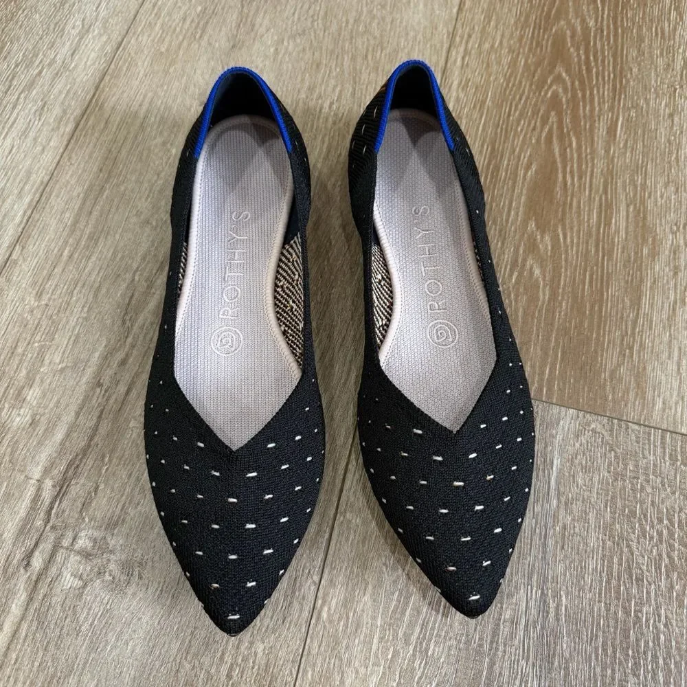 Rothy's RETIRED The Point Ivory Polka Dot Black Knit Ballet Flats Shoes Size 7